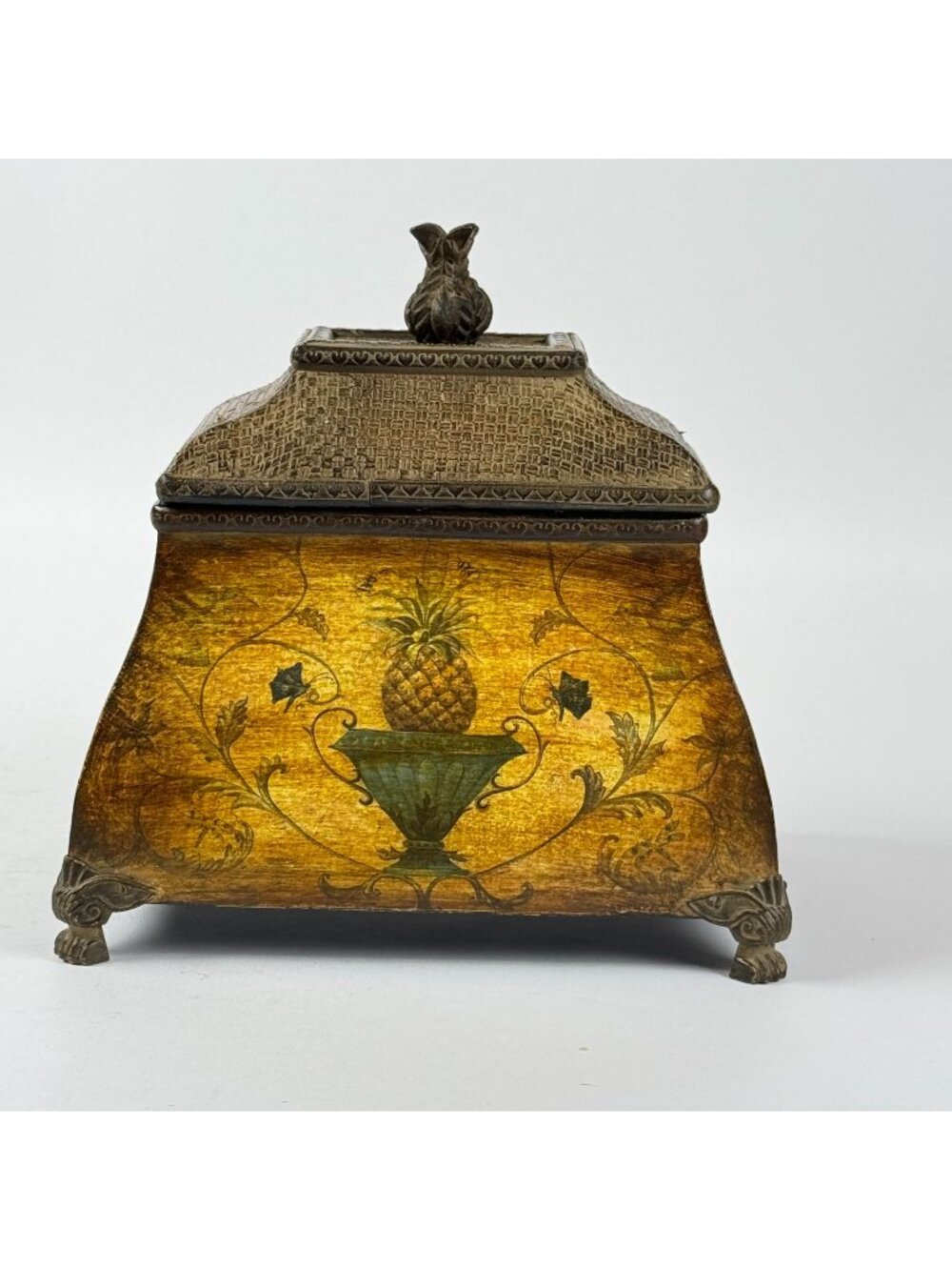 Vintage Wooden Pineapple Trinket Box Treasure Chest Metal Oriental Style Feet